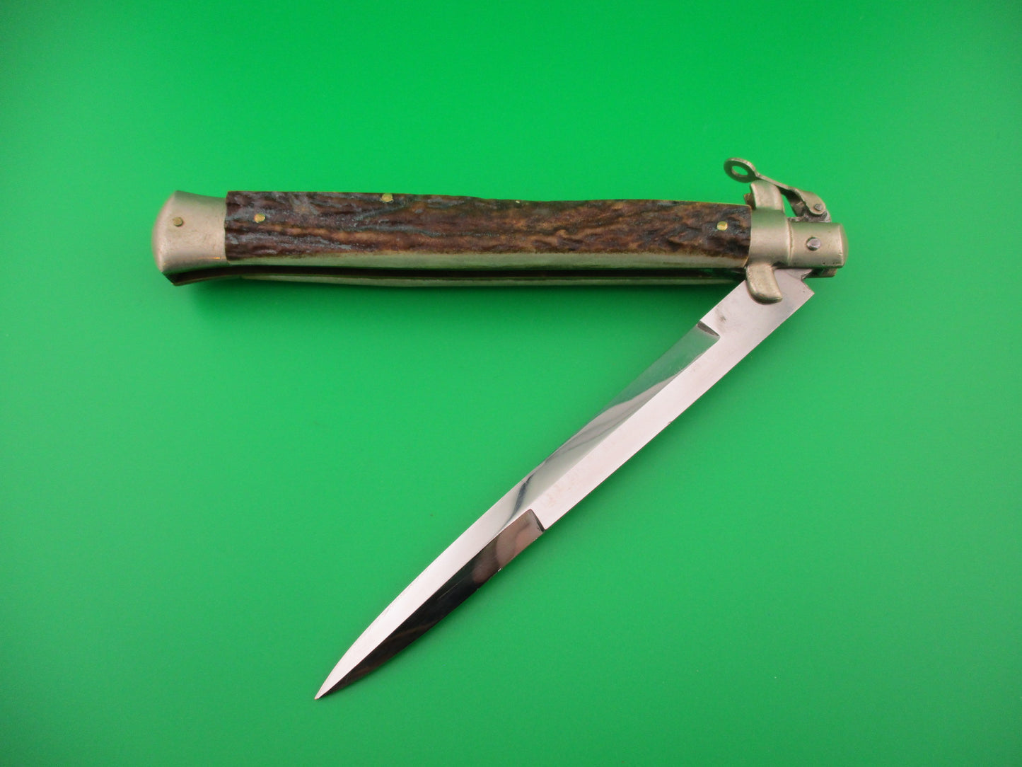 M. ITALY INOX 33cm Italian Fulcrum release Stag Vintage automatic knife