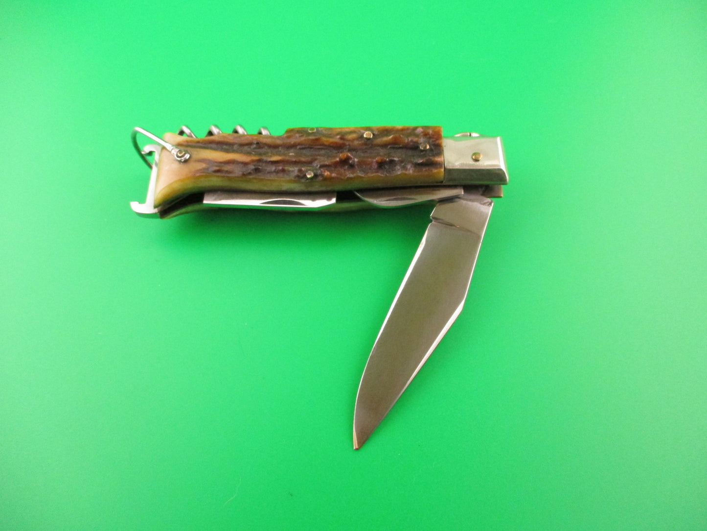 INOX 20cm Italian Vintage Ring Pull Stag Shell puller 4 Blade Camper automatic knife