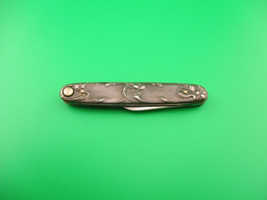 z PRESS BUTTON KNIFE CO Sterling Silver Embossed Swirls antique automatic knife