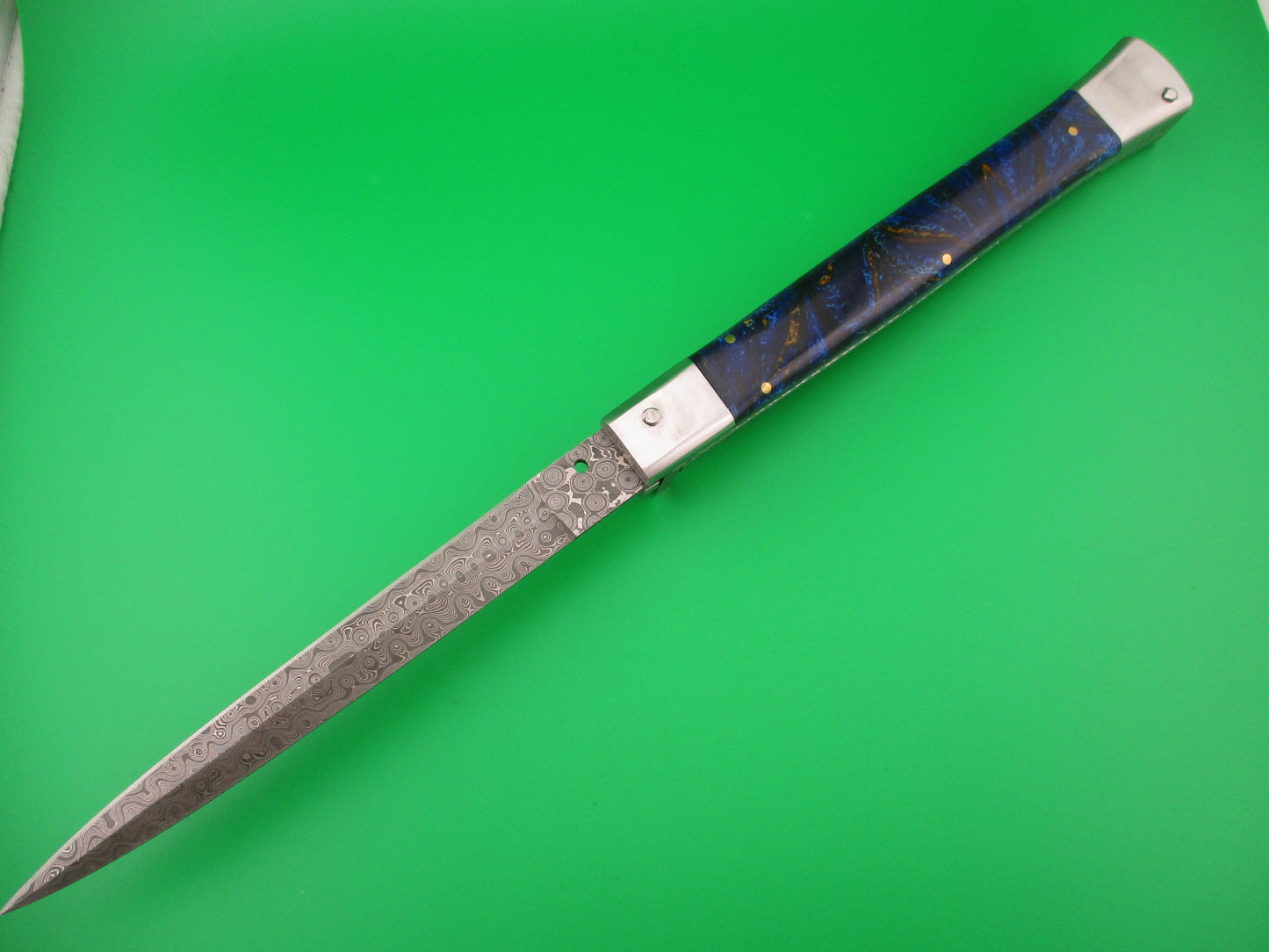 Custom 33cm Damascus Dagger grind Blue Mosaic automatic knife by Samir Ahmad