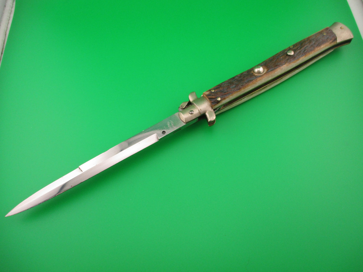 M. ITALY INOX 33cm Italian Fulcrum release Stag Vintage automatic knife
