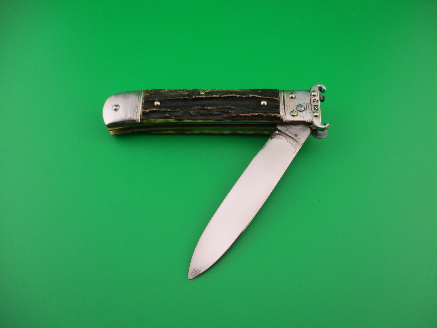 H.W. BOKER SOLINGEN-O. 20cm German Shell Puller Lever Stag vintage automatic knife