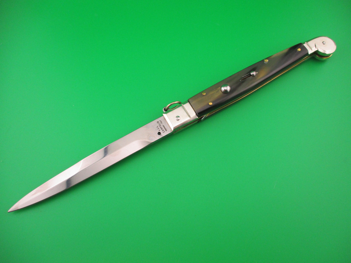 AGA CAMPOLIN 30cm Sicilian Ring Pull Italian Green & black horn automatic knife