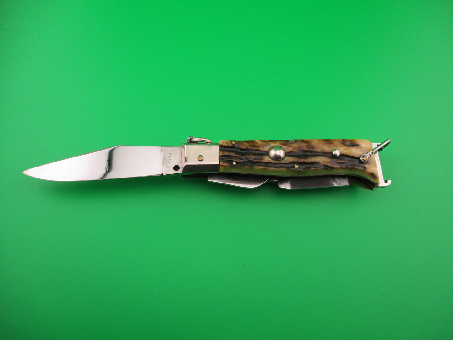 INOX 20cm Italian Vintage Ring Pull Stag Shell puller 4 Blade Camper automatic knife