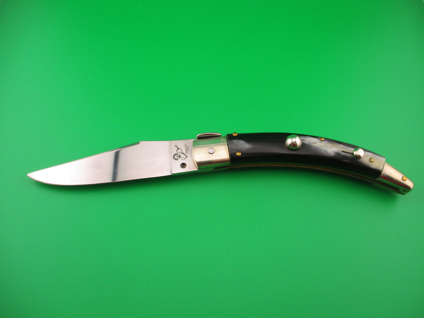 Folding knife with a black handle on a green background