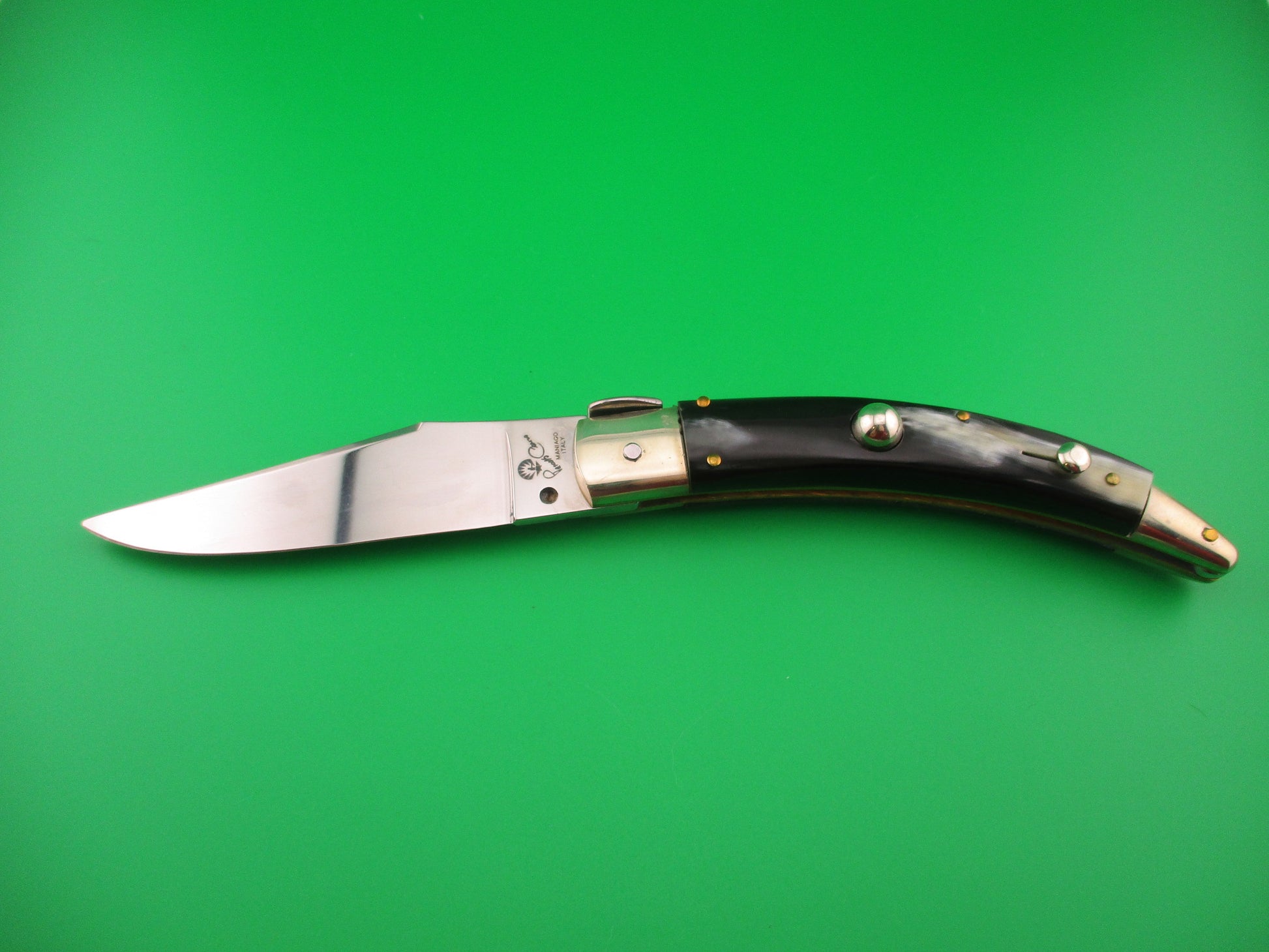 Folding knife with a black handle on a green background