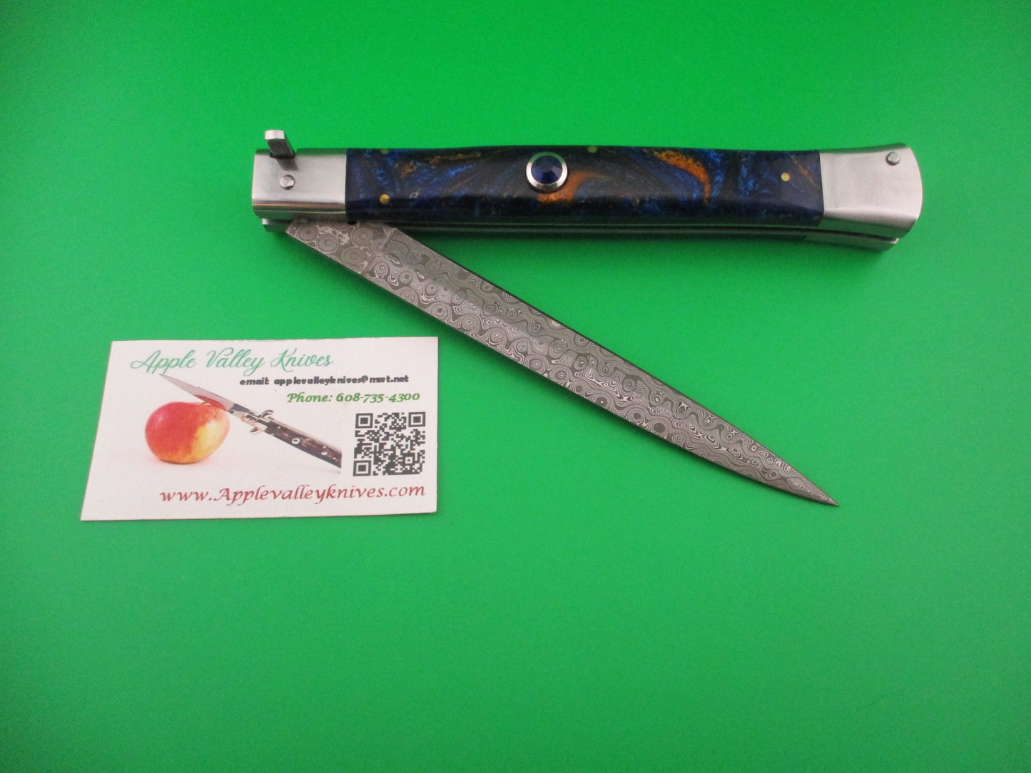 Custom 33cm Damascus Dagger grind Blue Mosaic automatic knife by Samir Ahmad