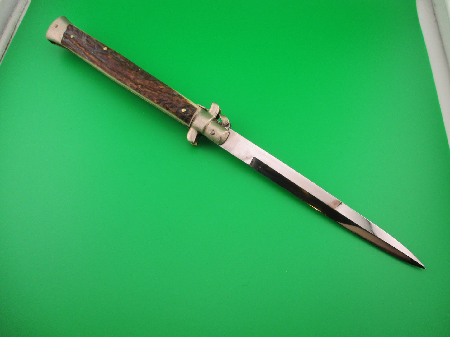 M. ITALY INOX 33cm Italian Fulcrum release Stag Vintage automatic knife