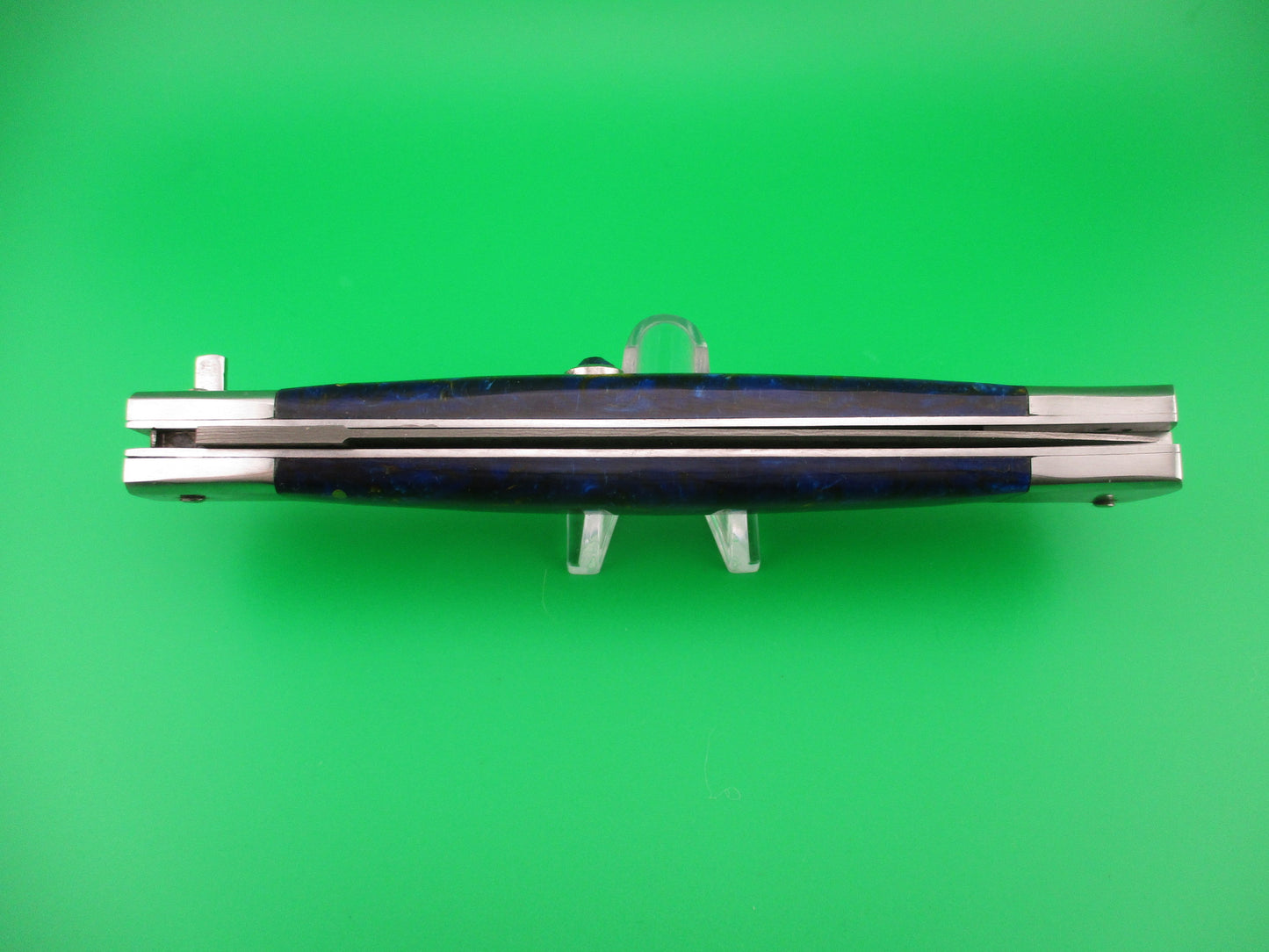 Custom 33cm Damascus Dagger grind Blue Mosaic automatic knife by Samir Ahmad