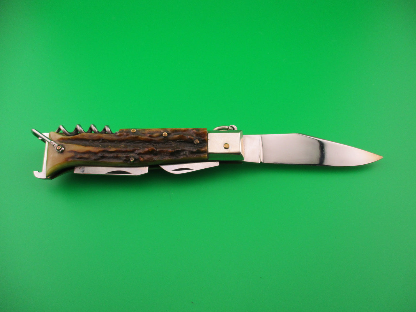 INOX 20cm Italian Vintage Ring Pull Stag Shell puller 4 Blade Camper automatic knife