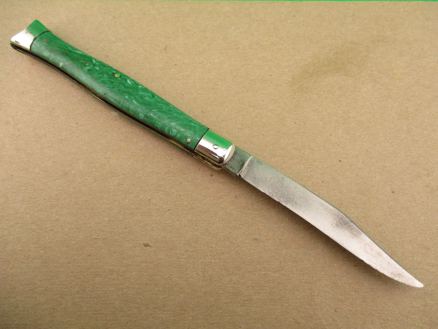 Schrade Cut Co Fishtail Green swirl vintage automatic knife with bolsters
