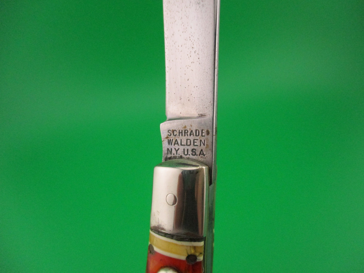 SCHRADE WALDEN Fishtail Candystripe celluloid w/bolsters #151 switchblade knife