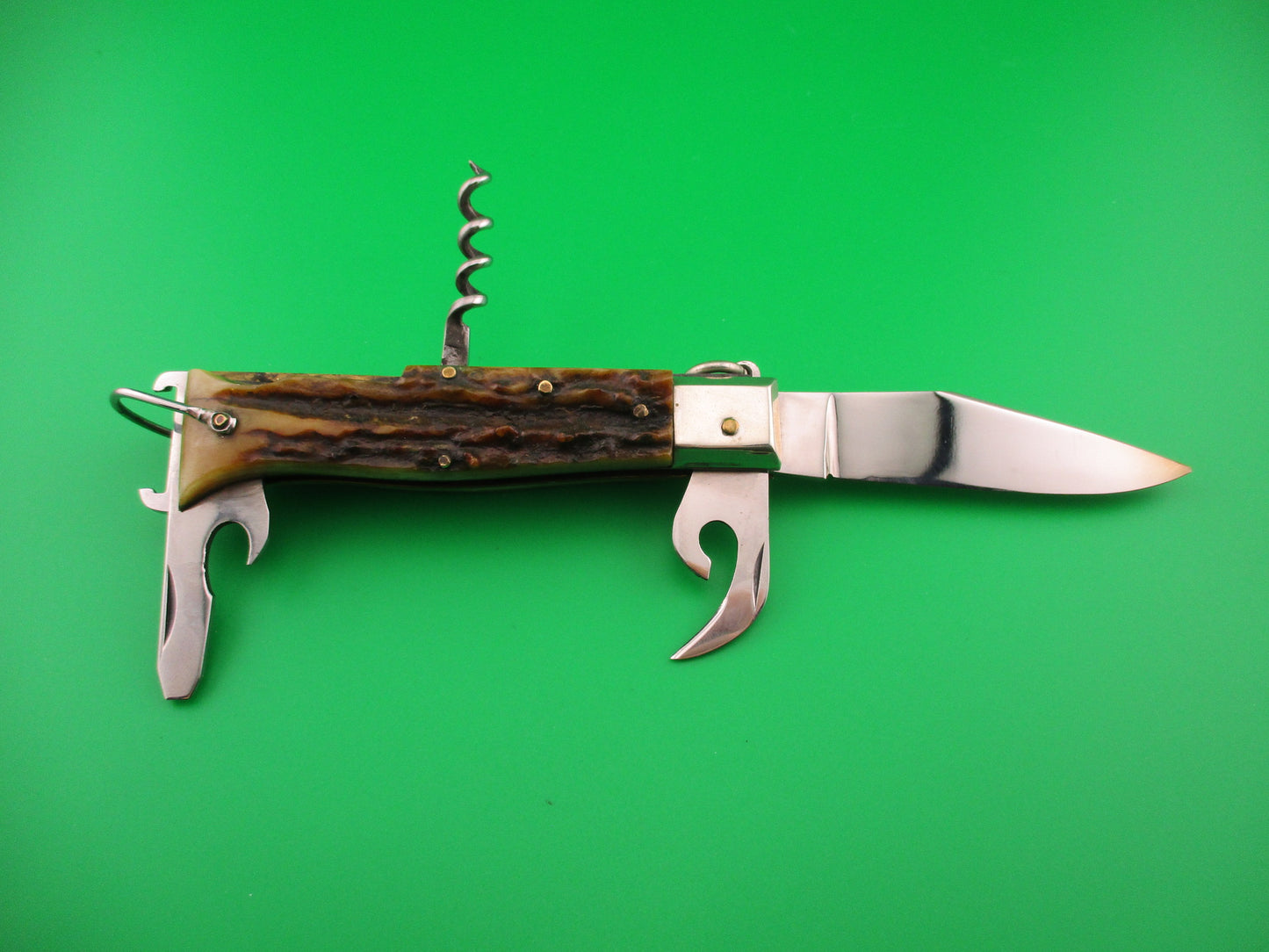 INOX 20cm Italian Vintage Ring Pull Stag Shell puller 4 Blade Camper automatic knife