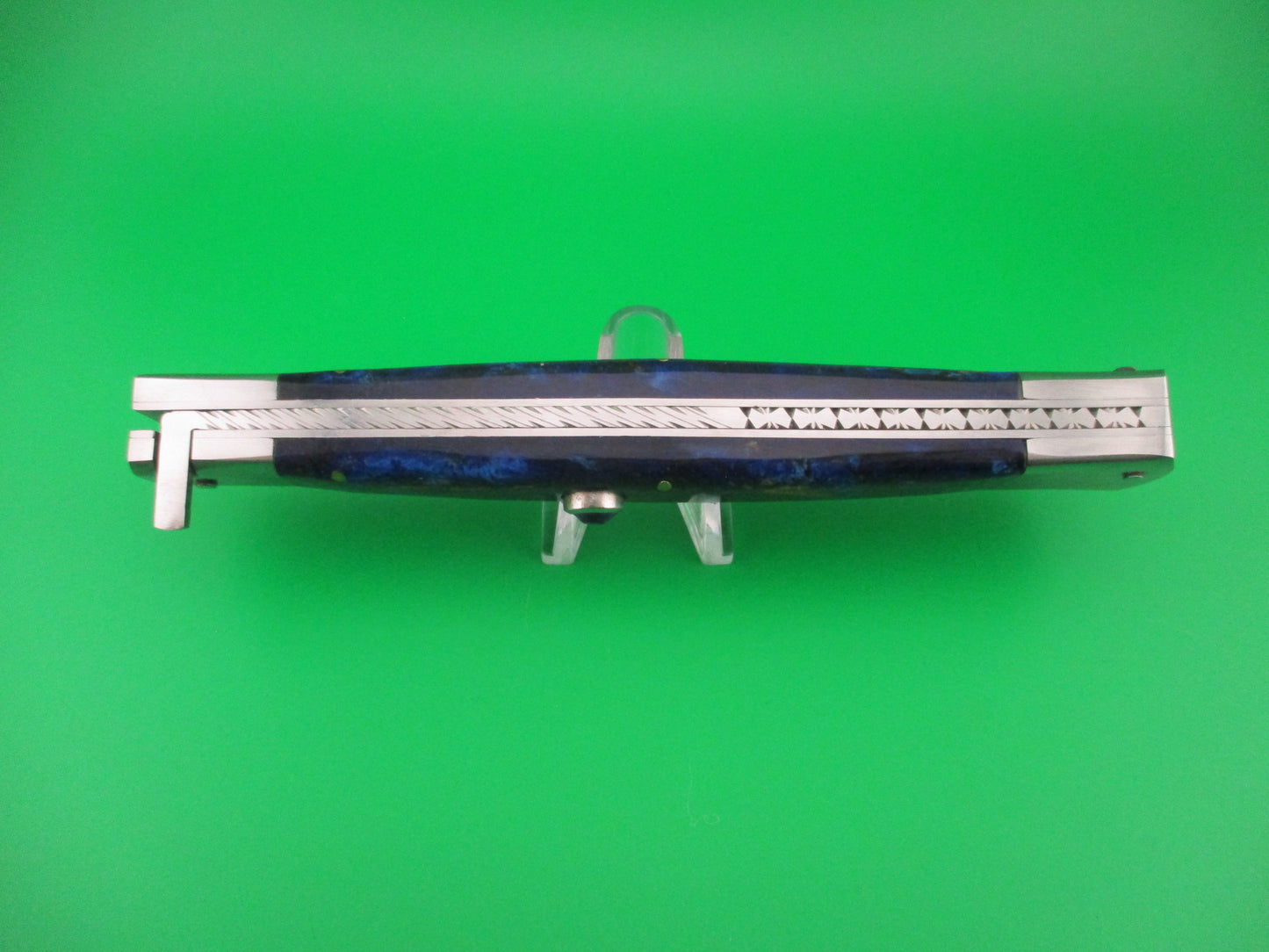 Custom 33cm Damascus Dagger grind Blue Mosaic automatic knife by Samir Ahmad