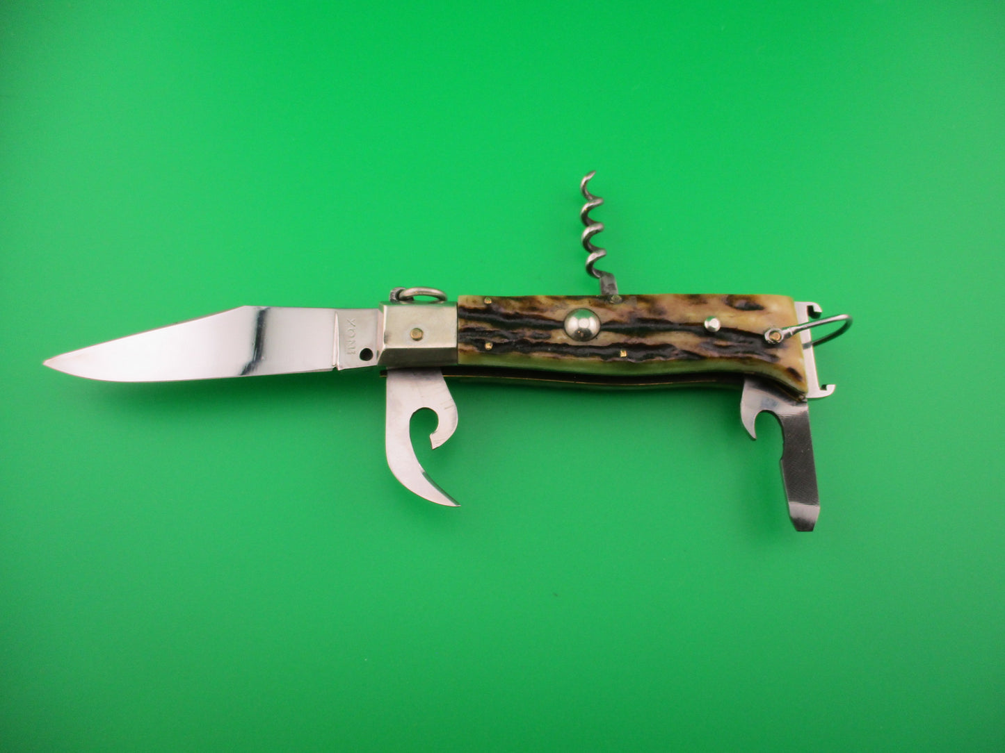 INOX 20cm Italian Vintage Ring Pull Stag Shell puller 4 Blade Camper automatic knife