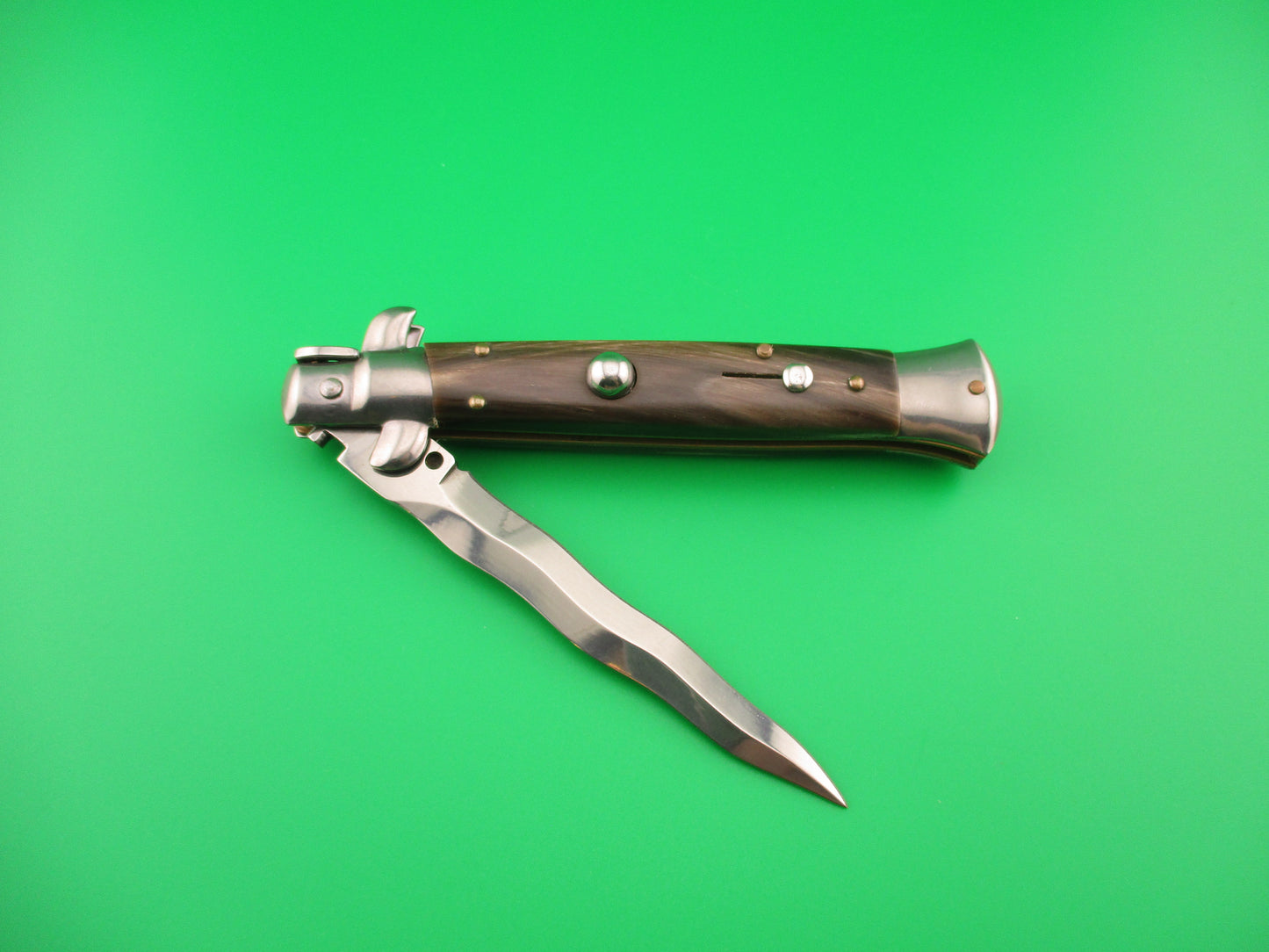 FRANK B 23cm Italian Kris Stiletto horn swivel bolster automatic knife