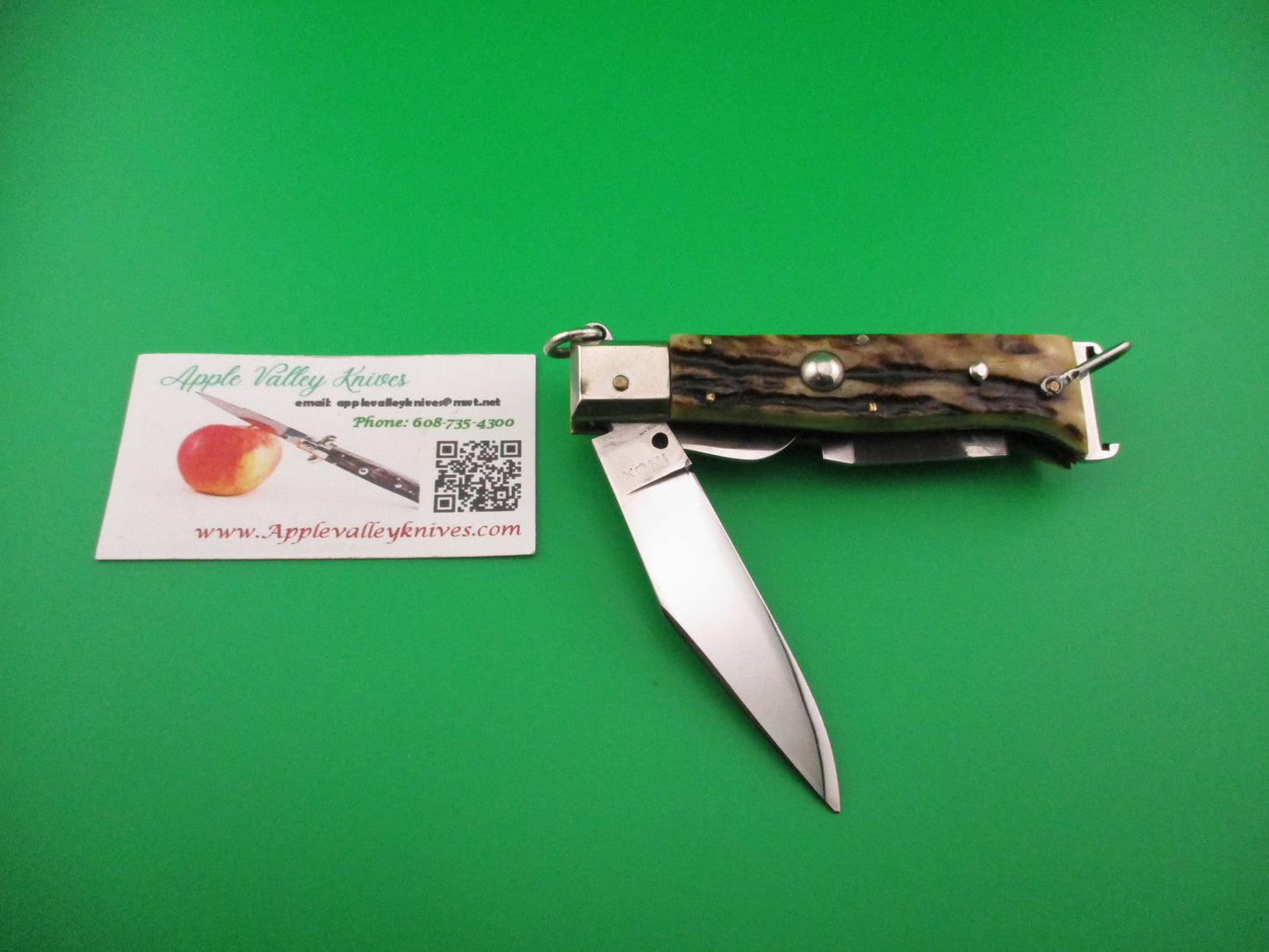 INOX 20cm Italian Vintage Ring Pull Stag Shell puller 4 Blade Camper automatic knife