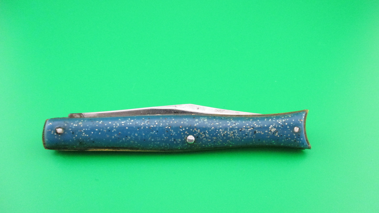 Edgemaster Fishtail Blue Sparkle vintage switchblade knife