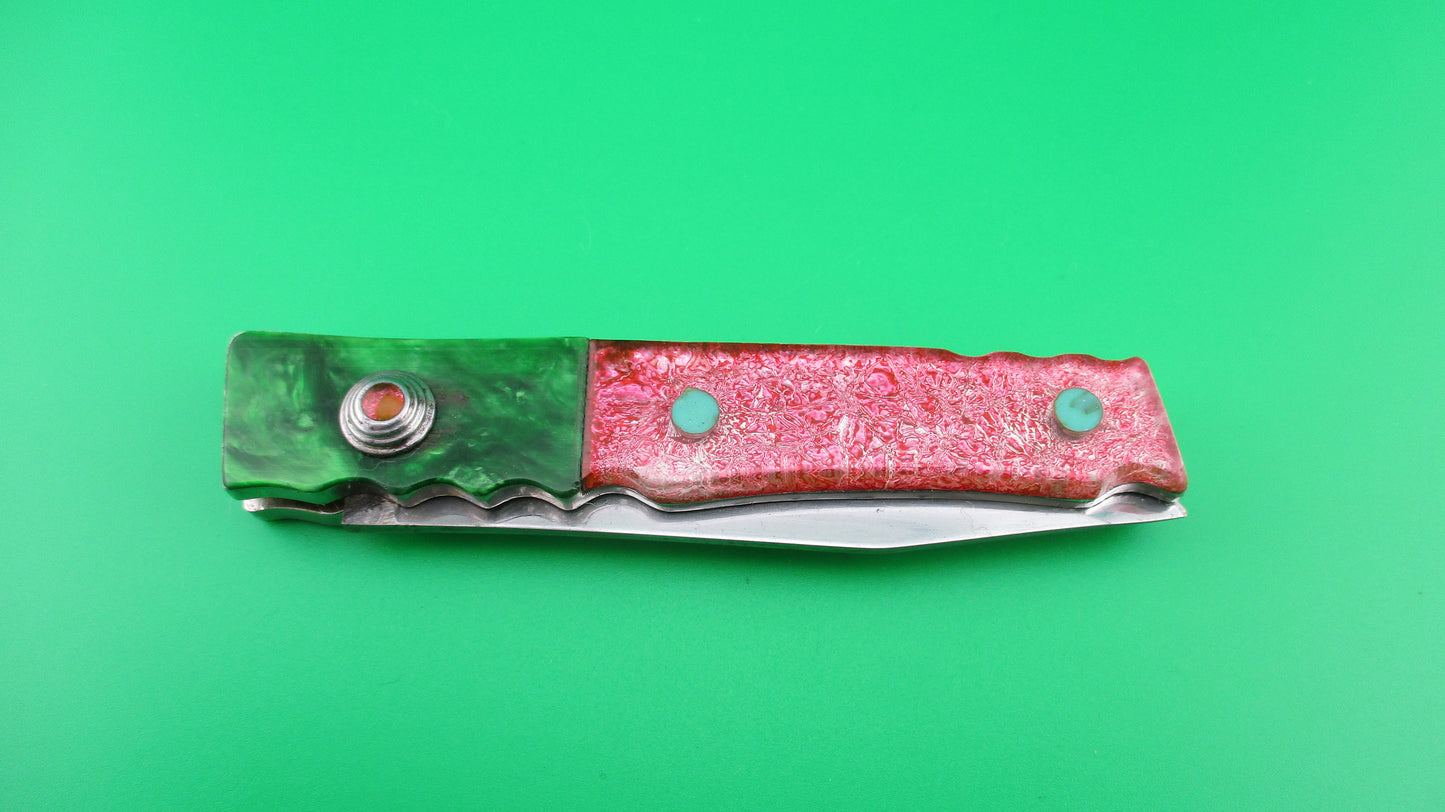 RPK 19cm Russian Prison Knife Pink & green translucent handled automatic knife