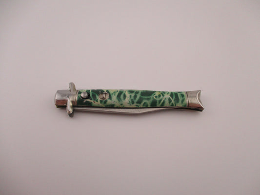 Edgemaster USA Tinny Bowtie Green & white fishtail vintage 1940s automatic knife