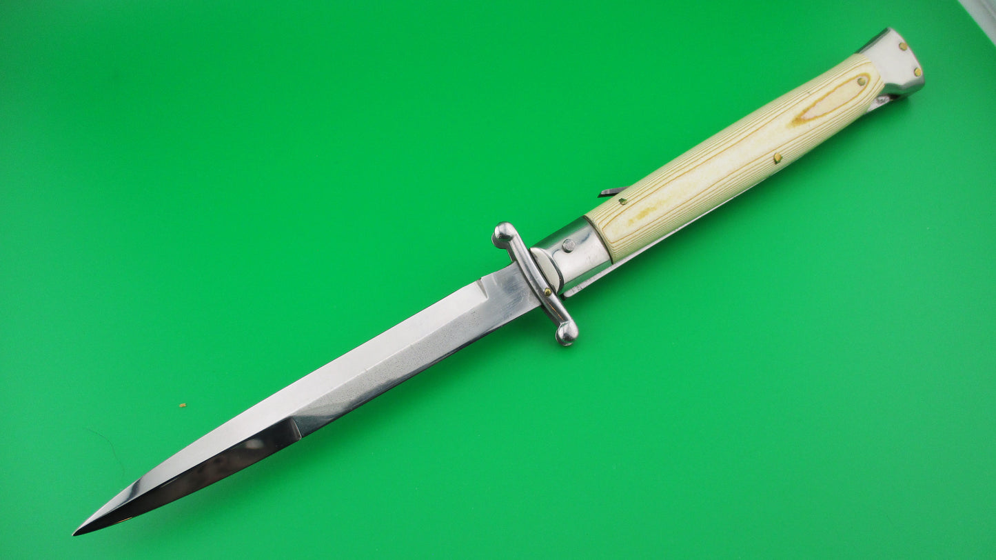 440 B STAINLESS Frank B 28cm Italian 11 inch Swing Guard Woodgrain Micarta switchblade knife