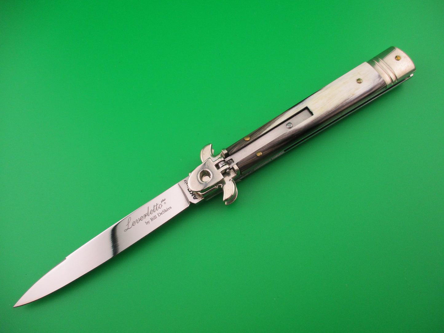 AKC ITALY Leverletto by Bill DeShivs 23cm Larger Italian Horn lever automatic knife