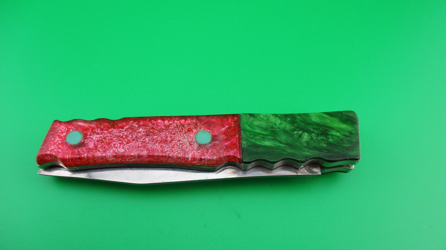 RPK 19cm Russian Prison Knife Pink & green translucent handled automatic knife