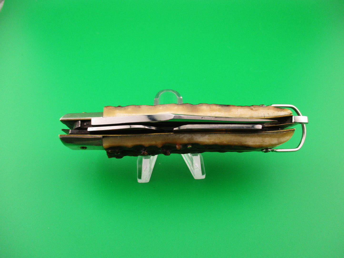 INOX 20cm Italian Vintage Ring Pull Stag Shell puller 4 Blade Camper automatic knife