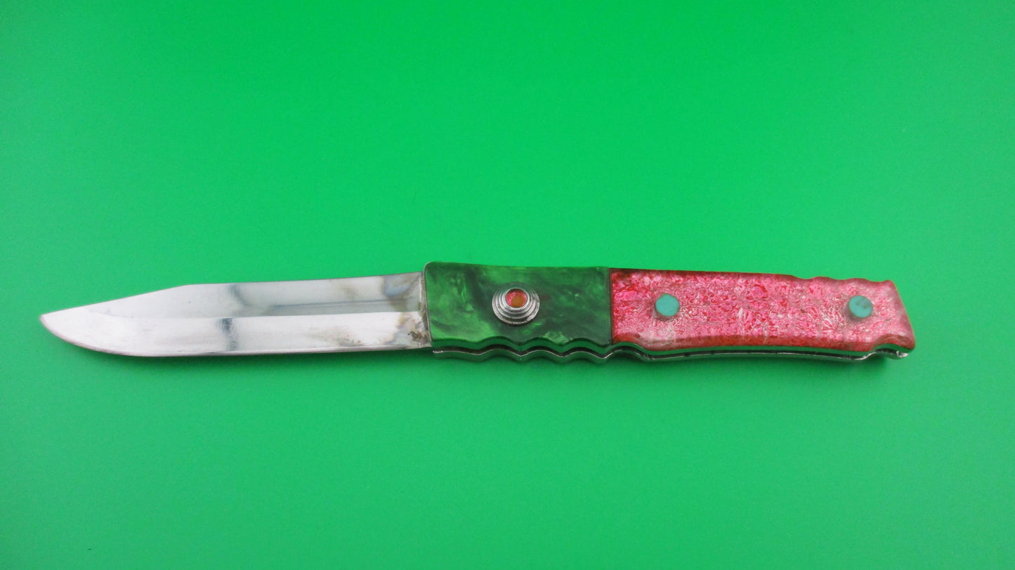 RPK 19cm Russian Prison Knife Pink & green translucent handled automatic knife