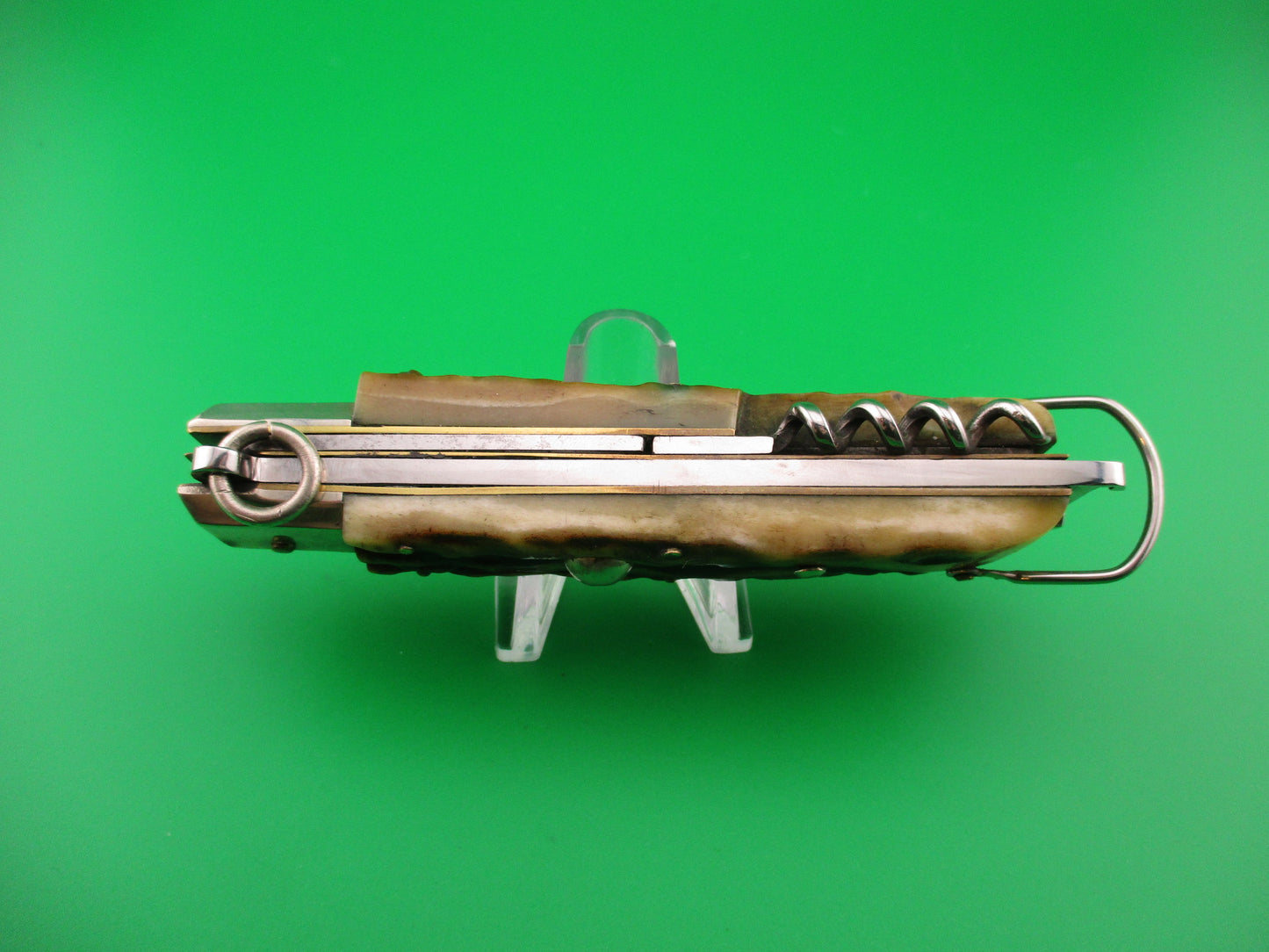 INOX 20cm Italian Vintage Ring Pull Stag Shell puller 4 Blade Camper automatic knife