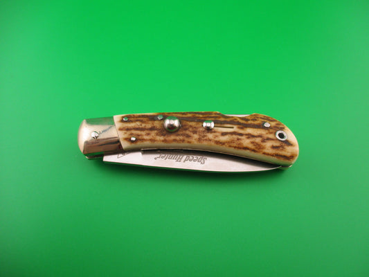 Folding knife with staghorn handle on a green background