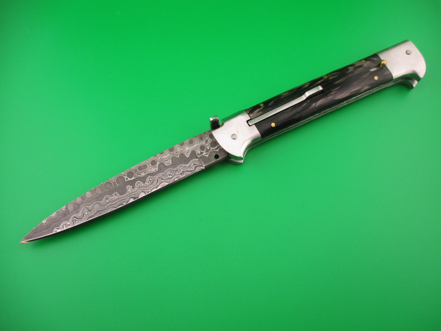 Custom 29cm Custom Damascus Bird Head Backspring release automatic knife by Samir Ahmad