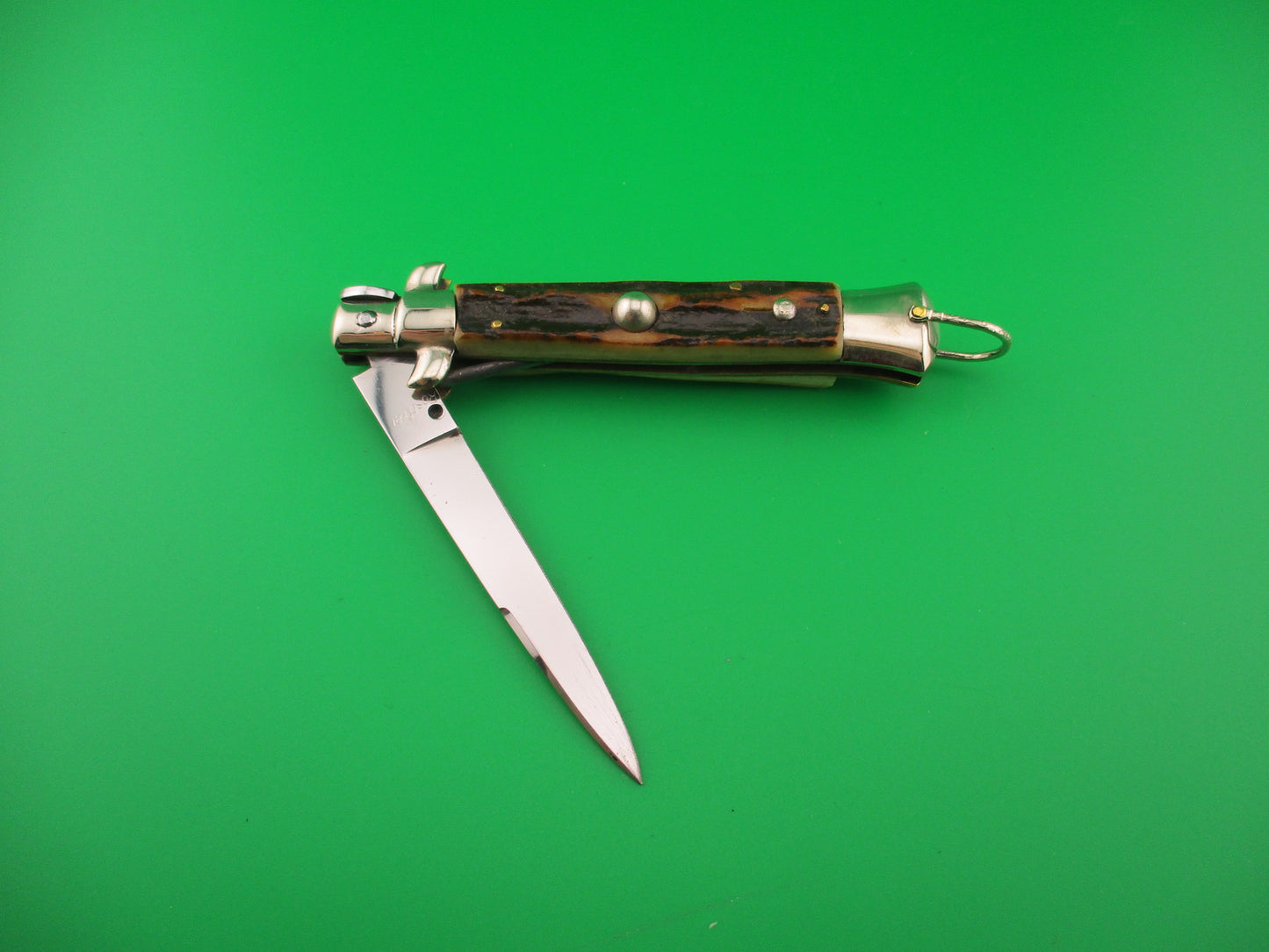 Rostfrei (slant) 20cm Italian Transitional stiletto Stag vintage automatic knife w lanyard ring