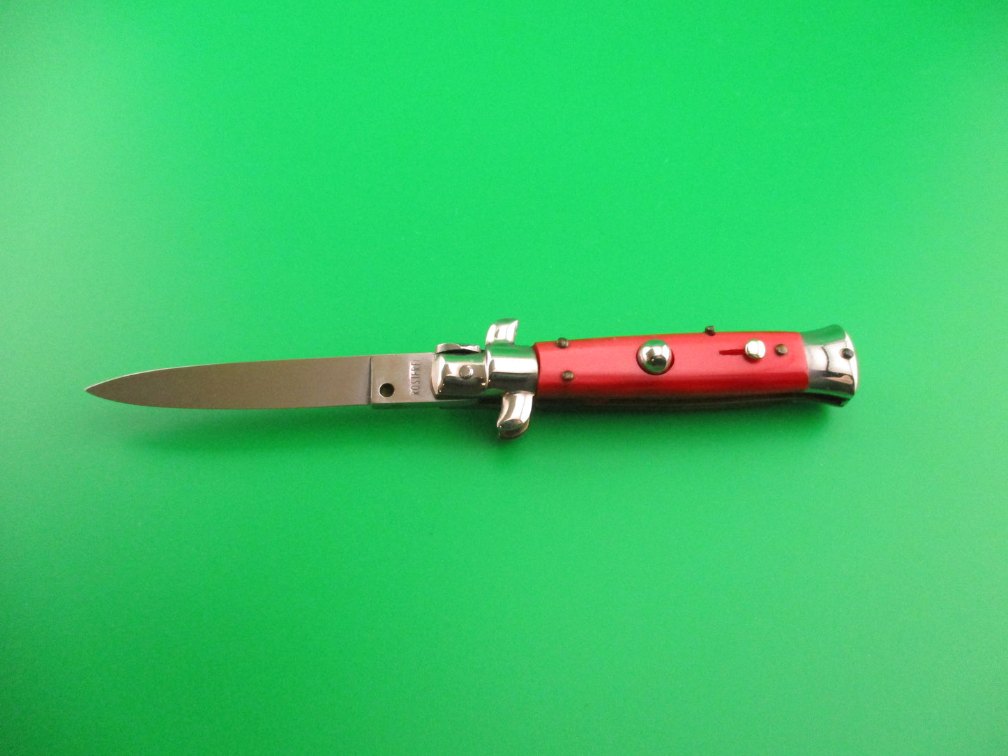 ROSTFREI 14cm Italian Swivel bolster D Stamped Red Shimmer automatic knife