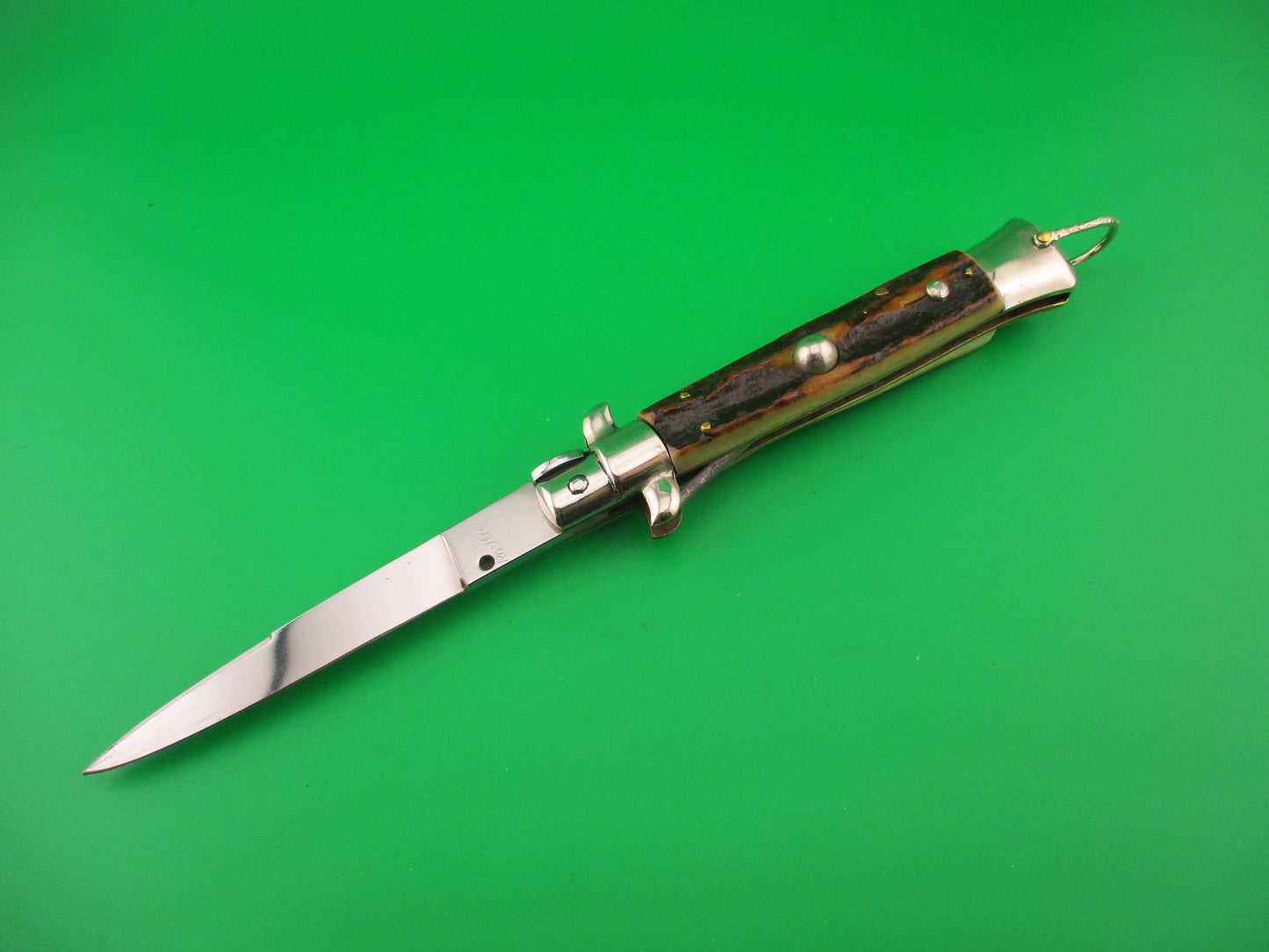 Rostfrei (slant) 20cm Italian Transitional stiletto Stag vintage automatic knife w lanyard ring