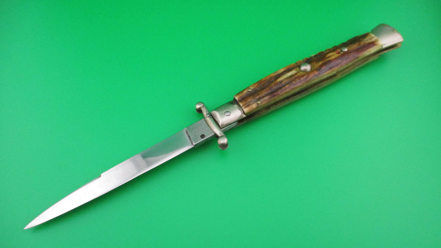 MADE ITALY INOX PATENT 28cm Italian Swing guard Stag Red dot switchblade