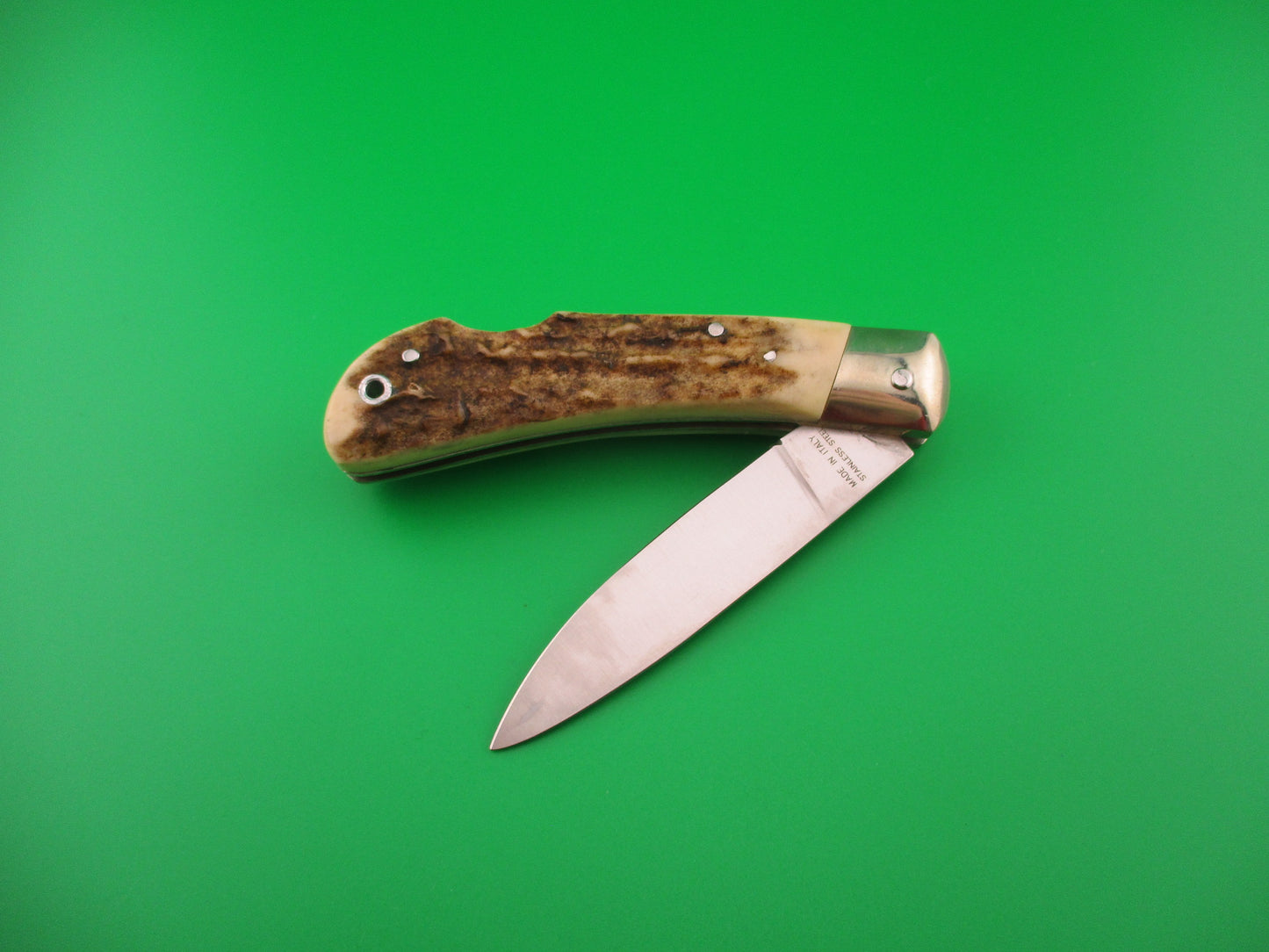 Foldable knife with staghorn handle on a green background