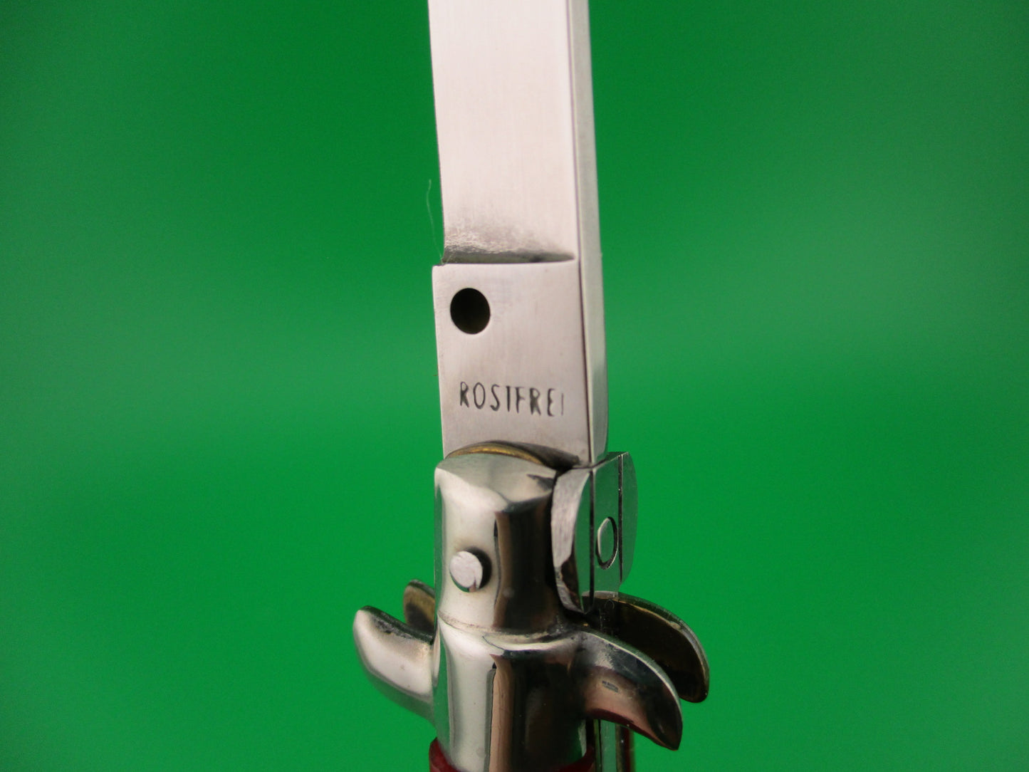 ROSTFREI 14cm Italian Swivel bolster D Stamped Red Shimmer automatic knife