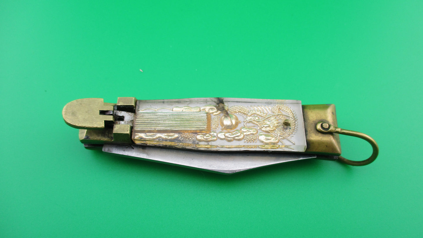 Bullfighter small 14cm White Gold Vintage lever switchblade knife Mexican Souvenir