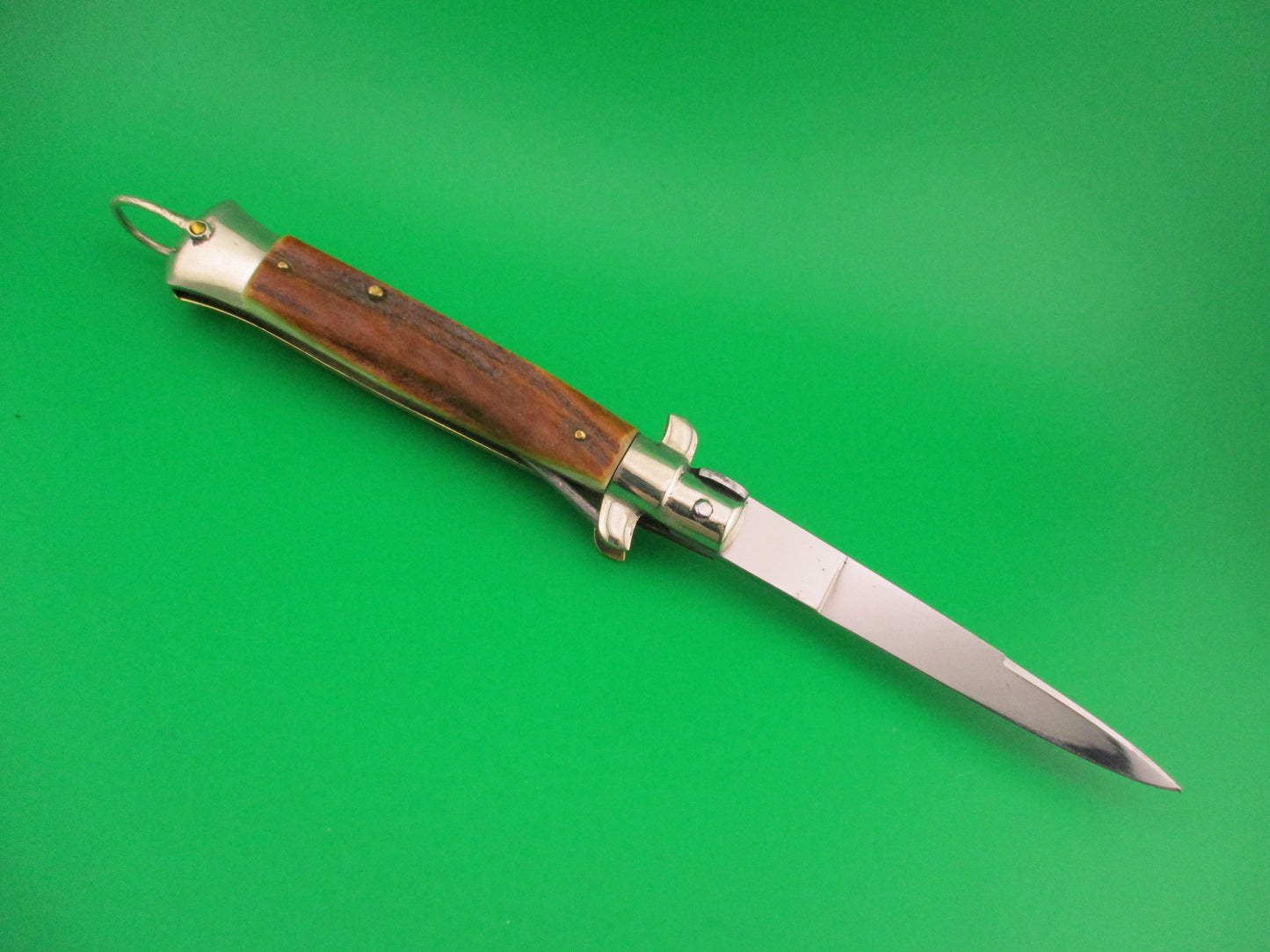 Rostfrei (slant) 20cm Italian Transitional stiletto Stag vintage automatic knife w lanyard ring