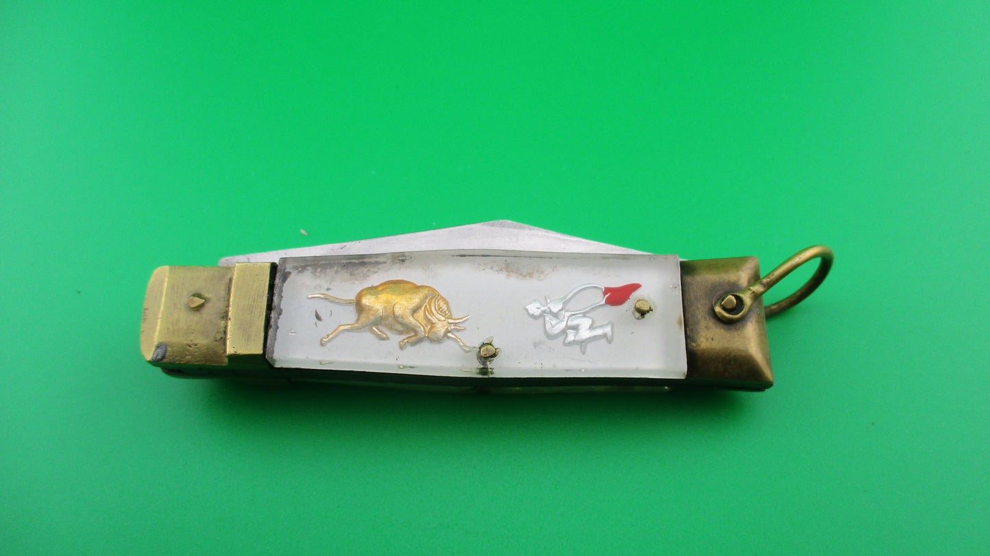 Bullfighter small 14cm White Gold Vintage lever switchblade knife Mexican Souvenir