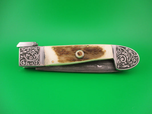 Custom 27cm Damascus & Stag Engraved bolsters Fulcrum release hand made automatic knife