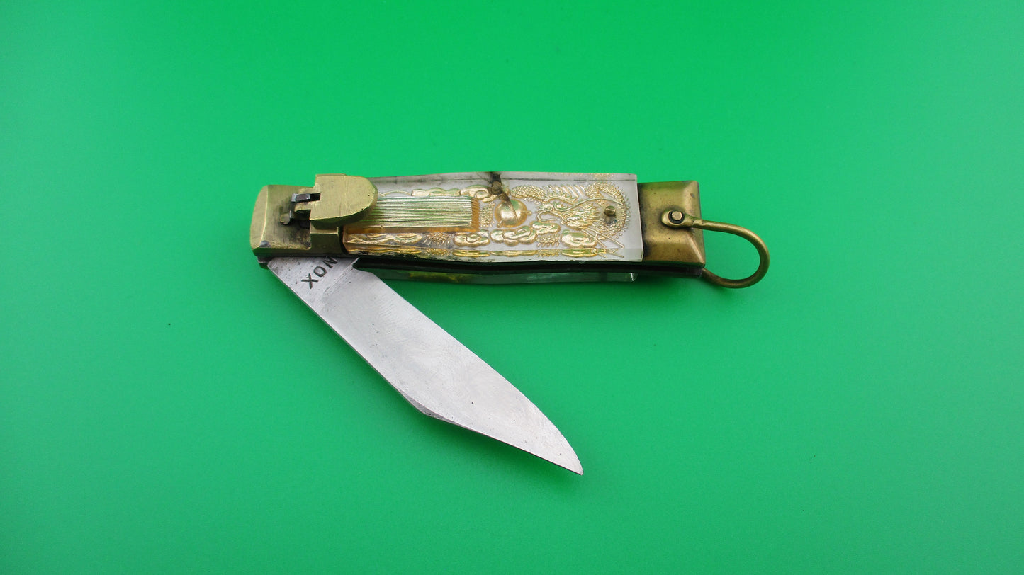 Bullfighter small 14cm White Gold Vintage lever switchblade knife Mexican Souvenir