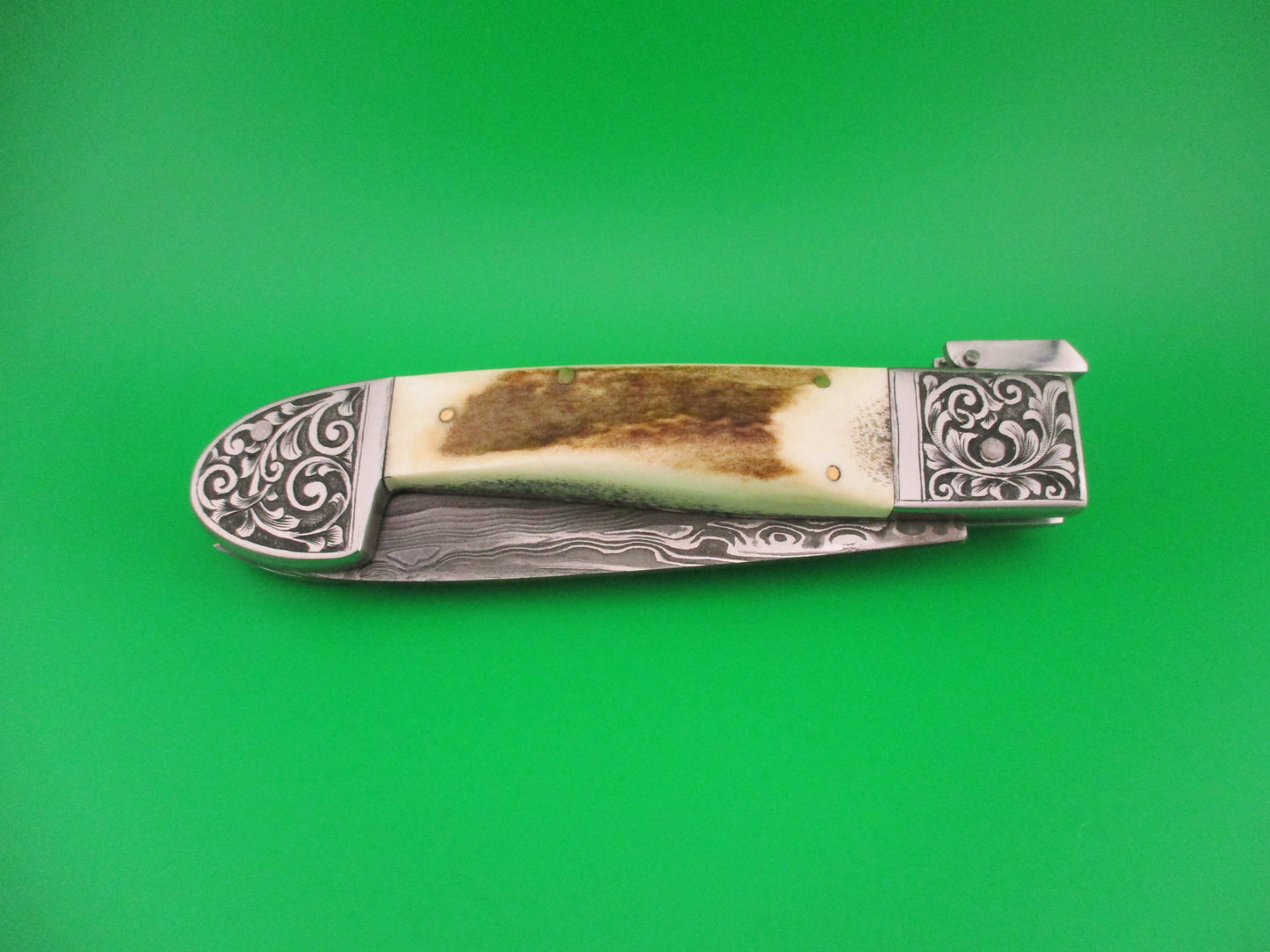 Custom 27cm Damascus & Stag Engraved bolsters Fulcrum release hand made automatic knife