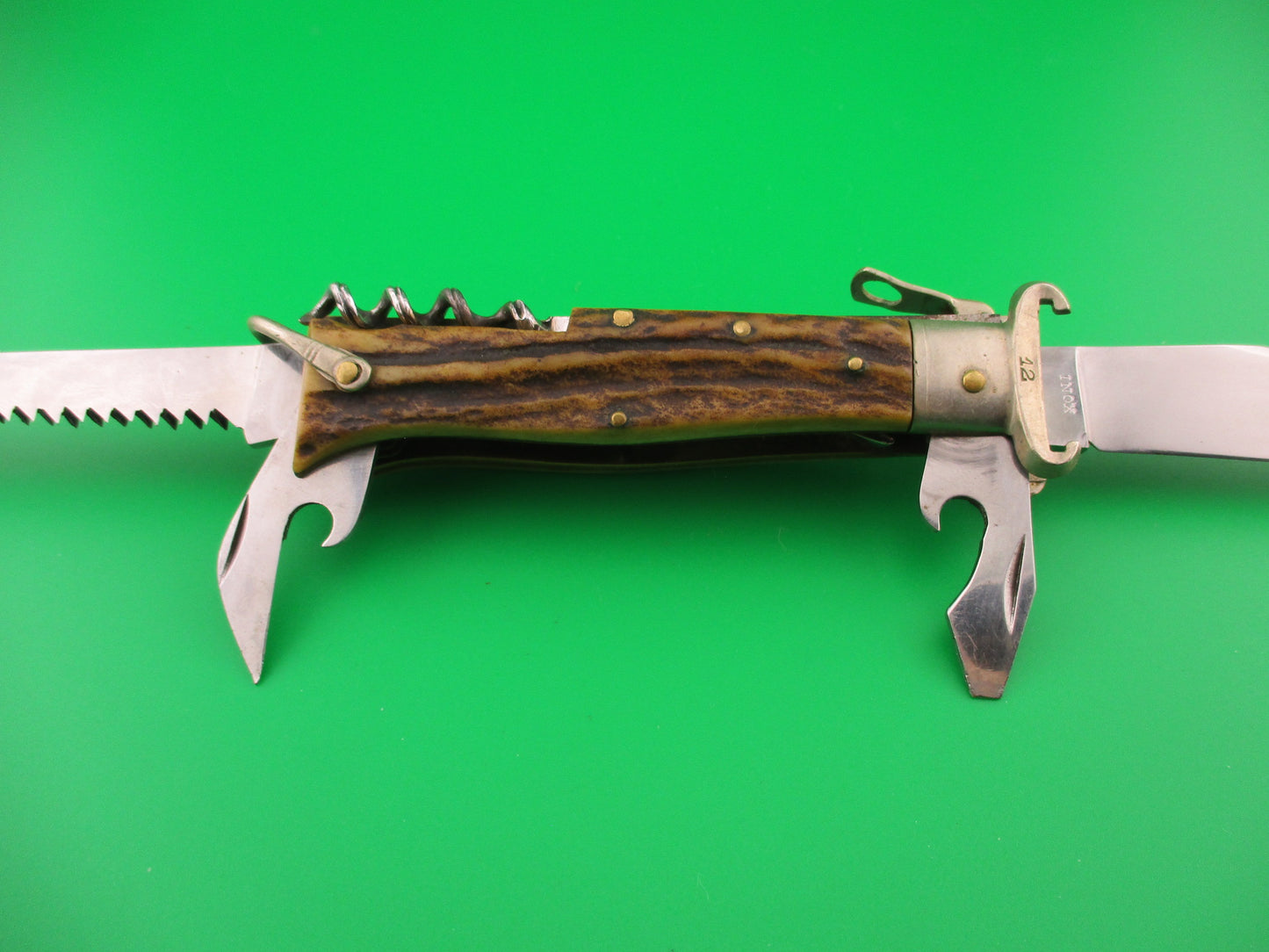 INOX 20cm Italian 1960s Fulcrum Shell Puller STAG 5 blade automatic Camper knife