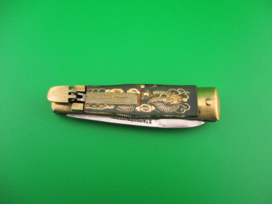 STAINLESS STEEL 17cm Japanese Bullfighter Green Bayonet blade brass lever switchblade