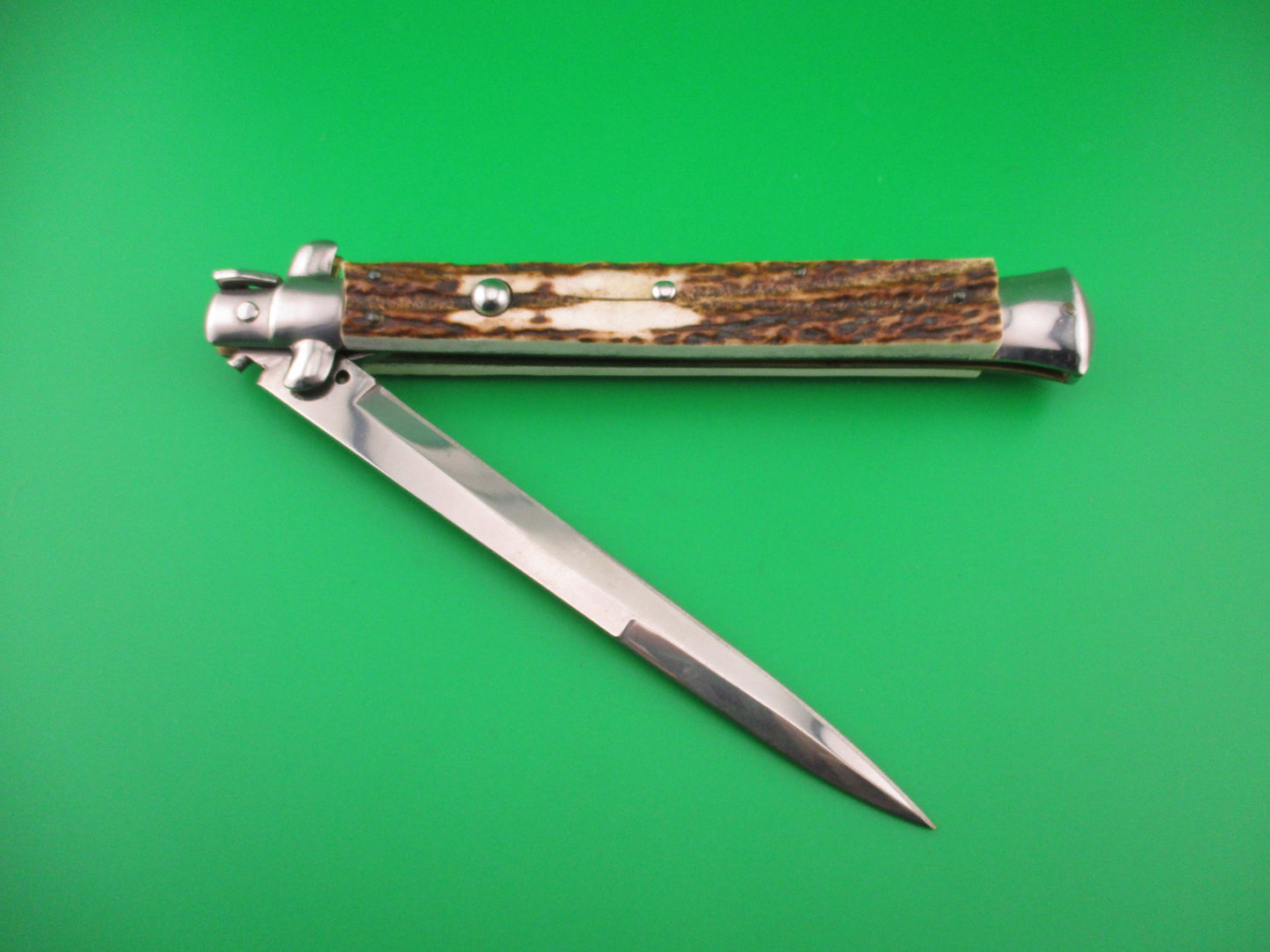 FRANK B 33cm Italian Stiletto Bayonet Stag swivel bolster automatic knife