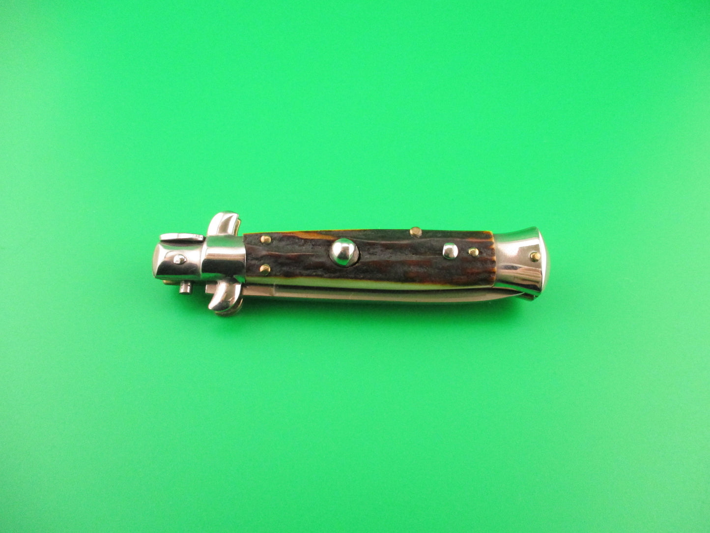 ROSTFREI 16cm Italian Stag stiletto Oreste Dibon swivel bolster automatic knife