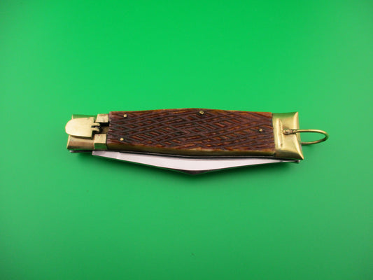 Giant 25cm Japanese Vintage  Lever Brass & Chekered bone automatic knife