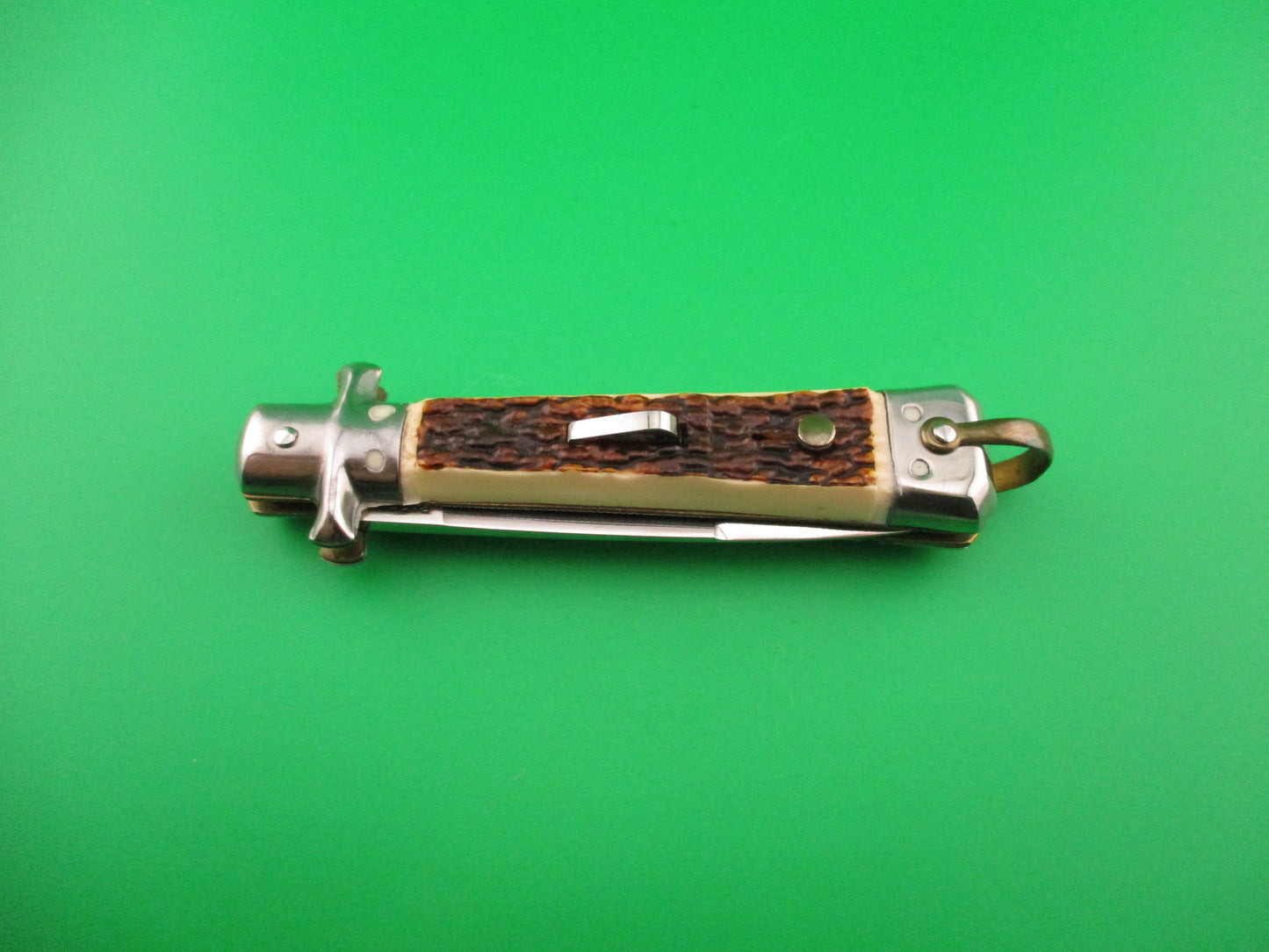 BARGEON INOX 19cm French Crossguard Imitation Stag automatic knife w lanyard ring